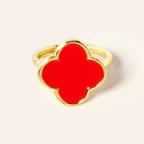 Red 14K Gold Dipped Clover Ring Quatrefoil Finger Statement Accessory - Picture 1 of 4